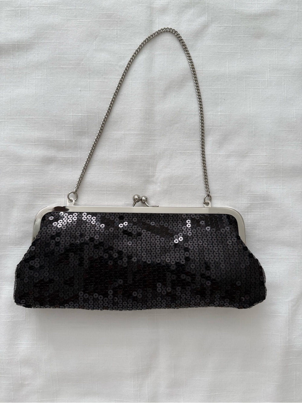 NWT Ann Taylor LOFT Black Sequin Evening Clutch Purse Silver Chain Strap